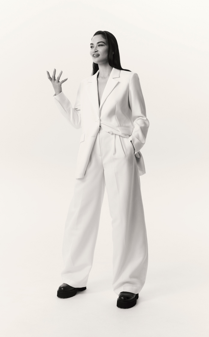 Shanina in the cream wool blend single breasted boxy blazer and cream wool blend relaxed rise trouser