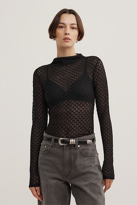 Textured Mesh Long Sleeve Top