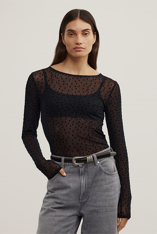 Flocked Spot Long Sleeve Top