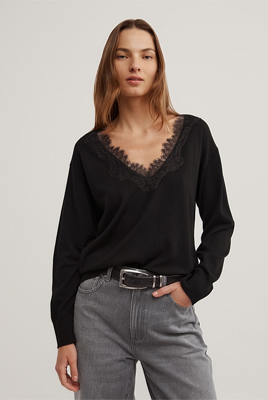 Lace Detail V-Neck Knit Lace Detail V-Neck Knit