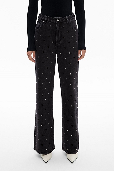 パンツ [POLYSOOEM]Warm Studded Washed Jeans - Black WARM STUDDED WASHED JEANS, BLACK - polysooem