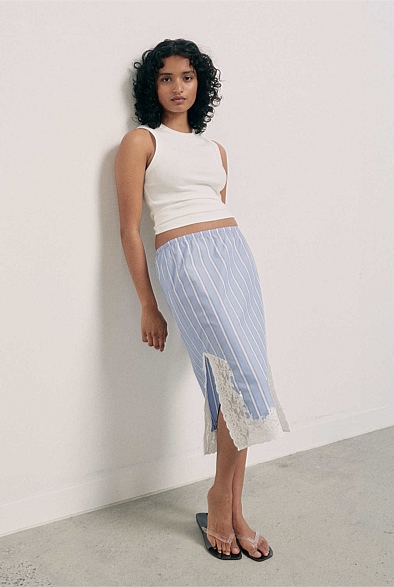 Blue Stripe Lace Trim Skirt - Women's Midi Skirts | Witchery