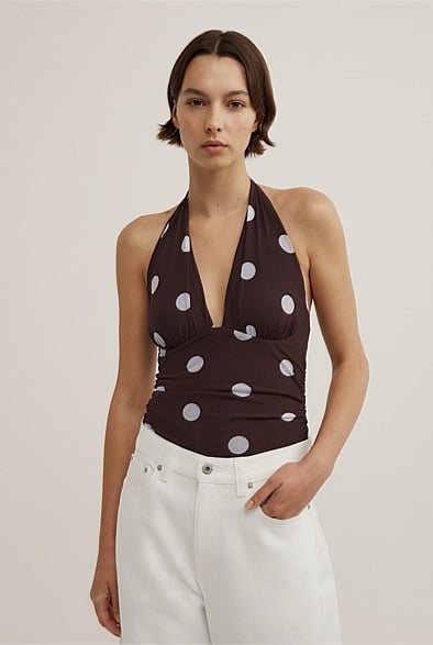 Multi Spot Blue Halterneck Mesh Bodysuit - Women's Evening Tops