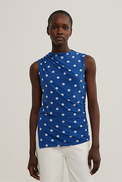 希少✨ Y's ワイズ DOT PRINT DRAPED TANK TOP M Cobalt Spot Asymmetric Mesh Tank Top - Women's Sleeveless Tops