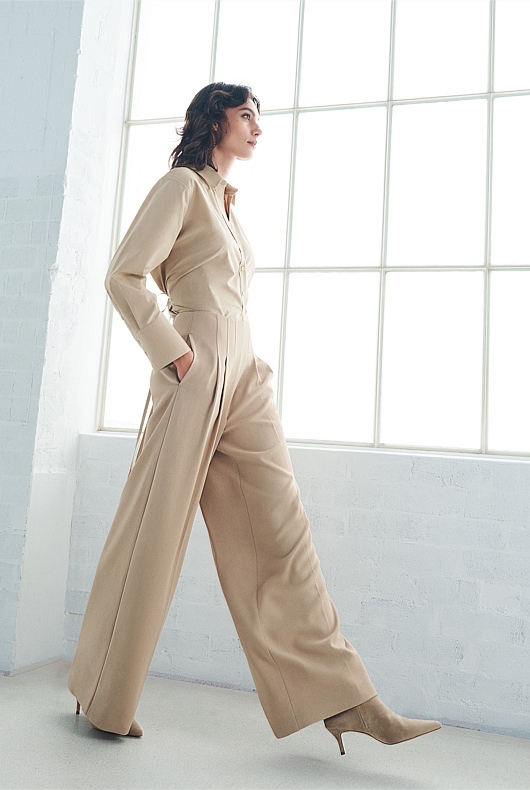 Washed Sand Waist Detail Wide Leg Trouser - Women's Dress
