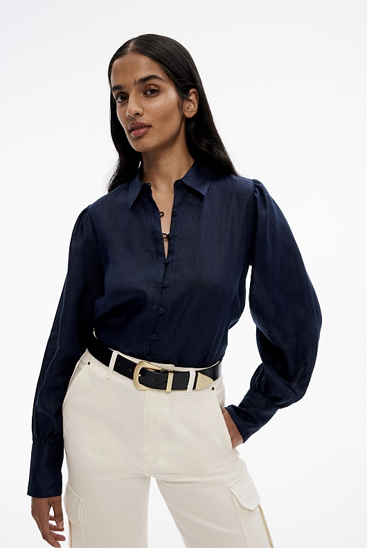 Blue Night French Linen Volume Sleeve Shirt - Women
