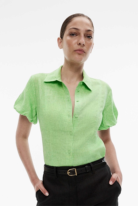 Lime Green Yarn Dye French Linen Seam Detail Blouse - Women's Linen Shirts  | Witchery