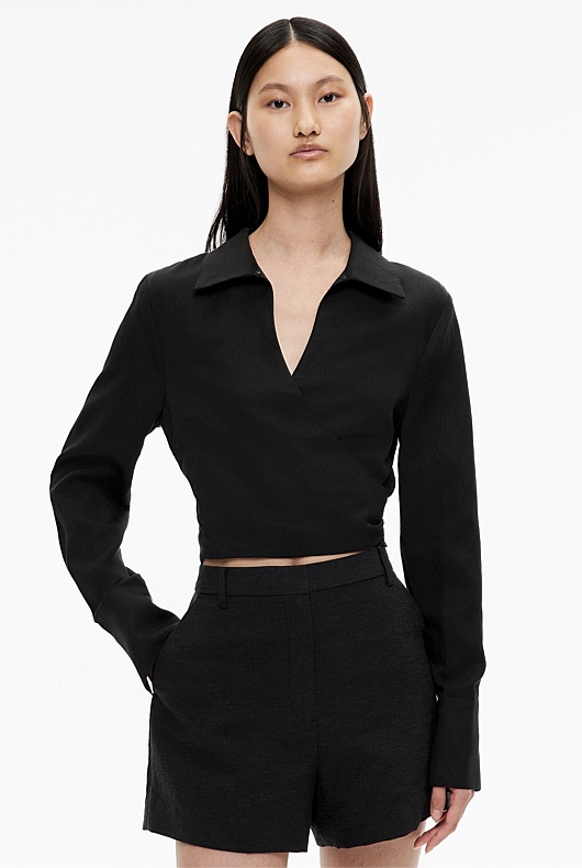 Black Long Sleeve Tie Crop Shirt Women s Cropped Shirts Witchery