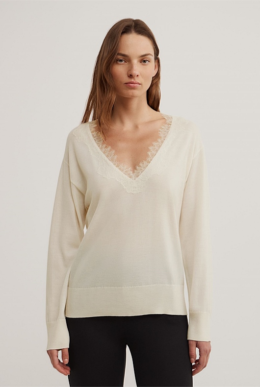Lace Detail V-Neck Knit