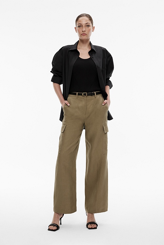 Washed Green Linen Cargo Pocket Trouser - Women's Black