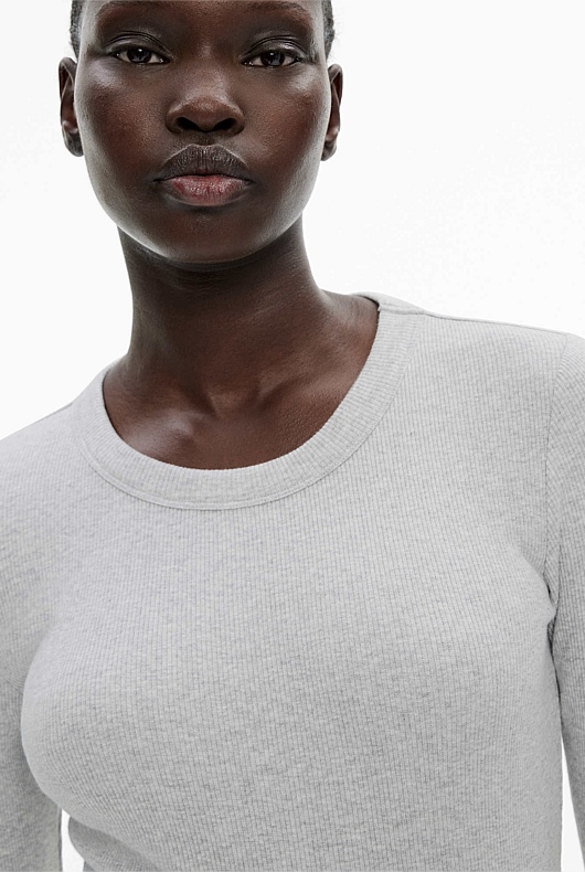 Light Grey Marle Cotton Long Sleeve Rib Top - Women's Long