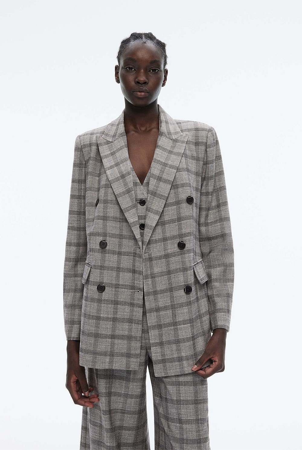 Grey Sky Double-Breasted Yarn Dye Check Blazer - Women's