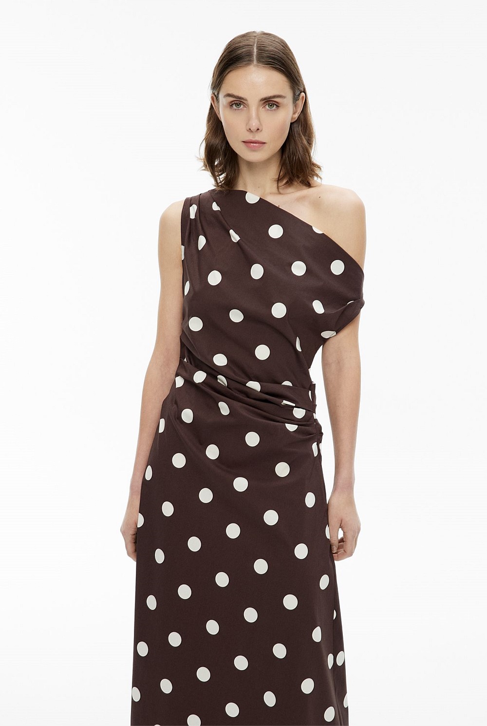 brown dress with white spots Davia Brown & White Polka Dot Midi Dress with Crescent Print, Pockets & Spaghetti Straps – Elegant & Versatile S