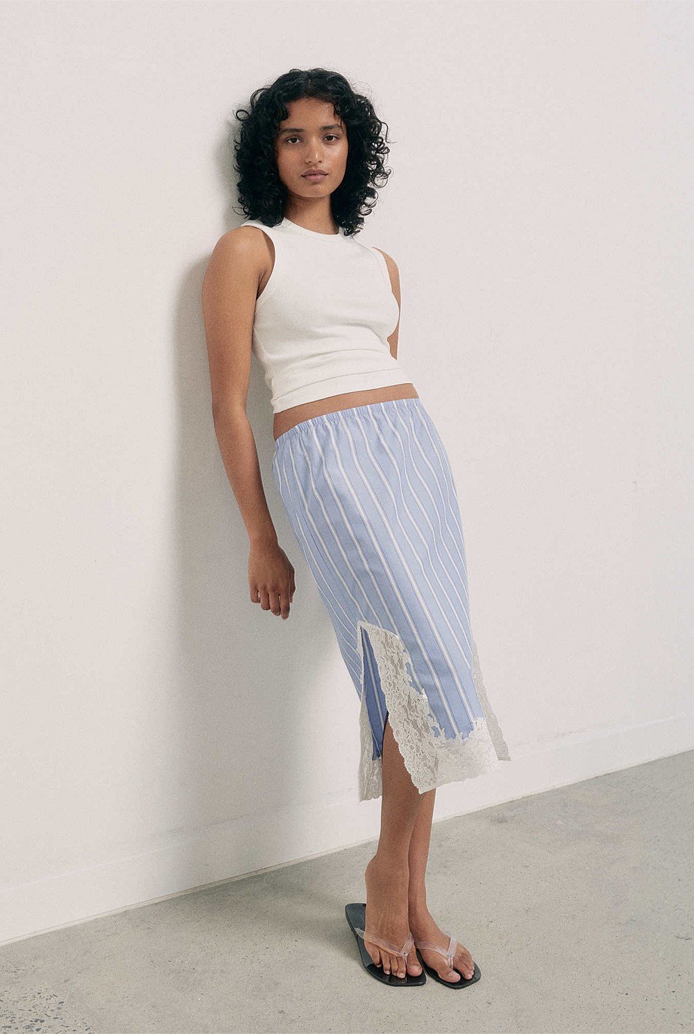 Blue Stripe Lace Trim Skirt - Women's Midi Skirts | Witchery