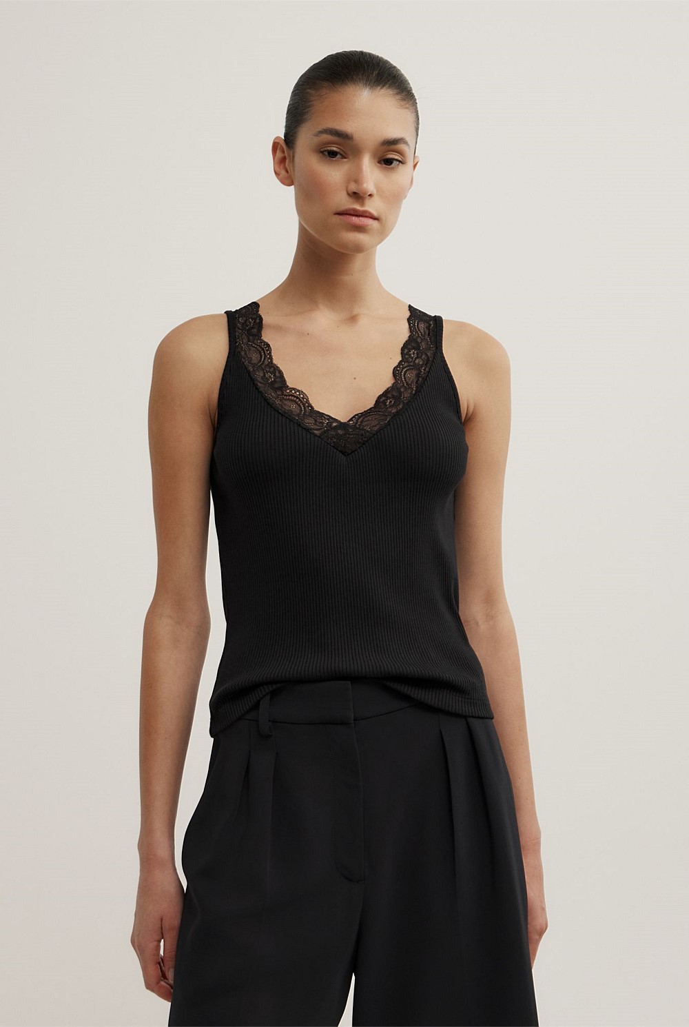 Black Lace Rib Tank Top - Women's Sleeveless Tops | Witchery