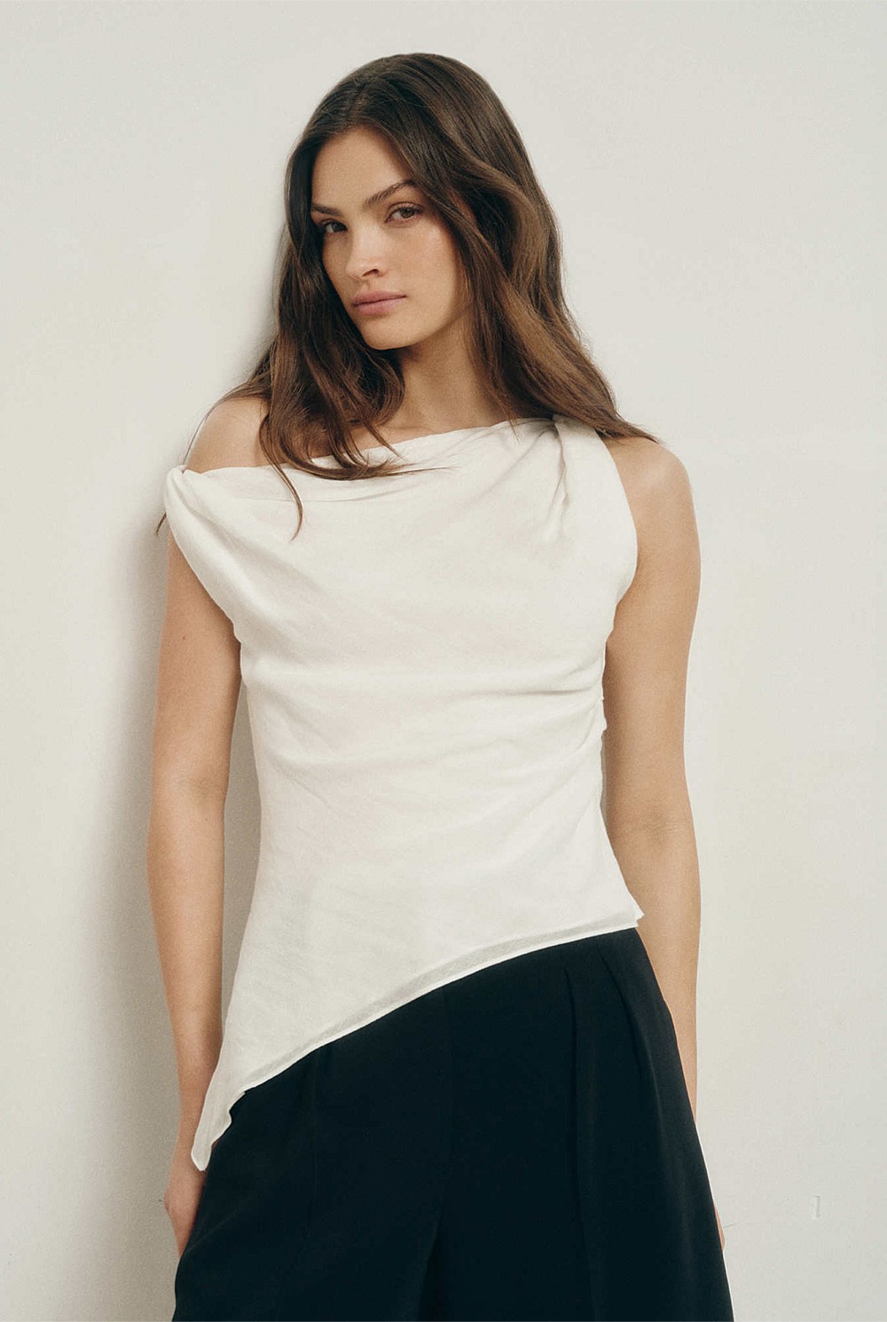 試着のみ　PHERE Scheat 2way drape tops_white Fresh White Sheer Drape Top - Women's Evening Tops | Witchery