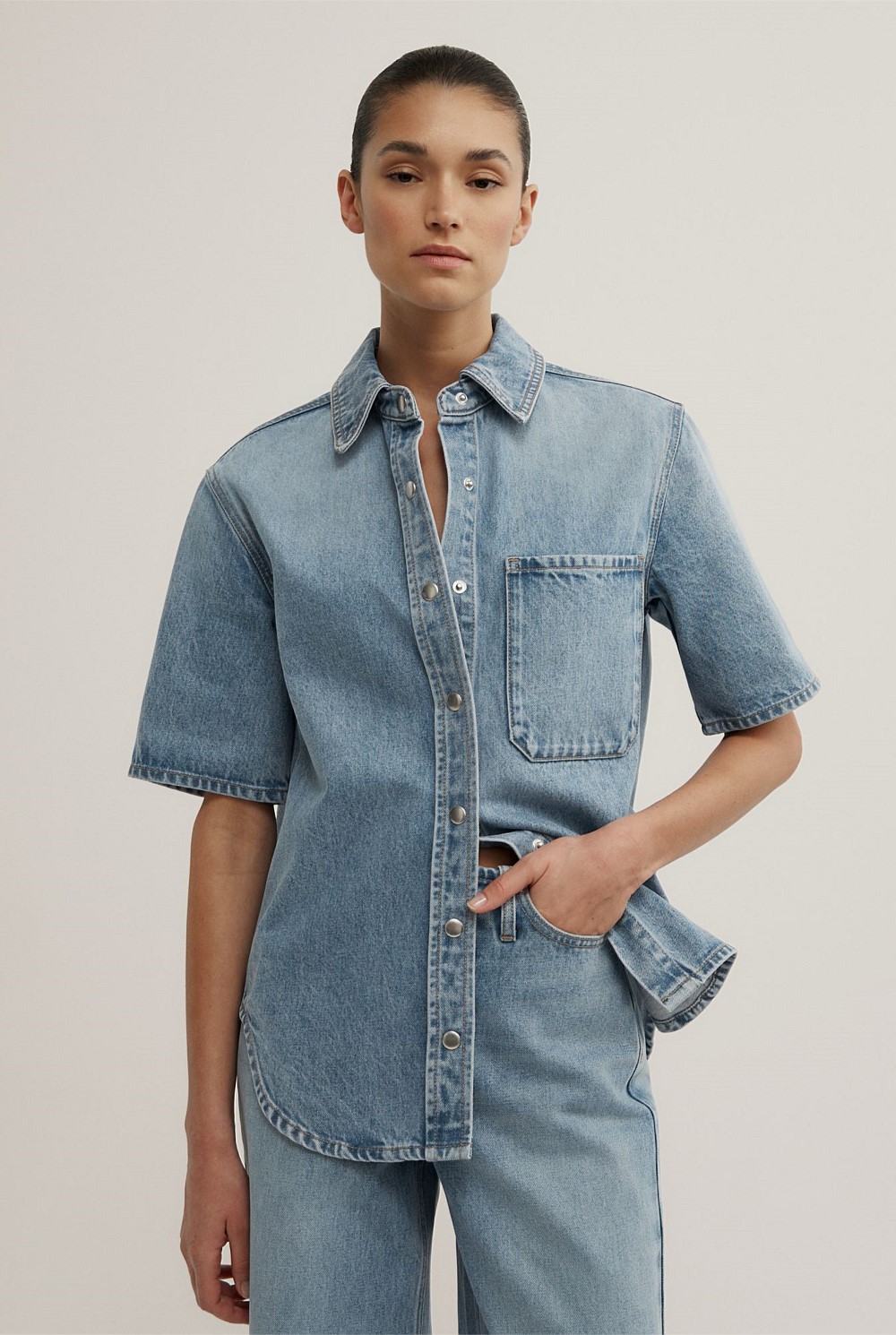 Coastal Blue Short Sleeve Denim Snap Shirt - Women's Denim Shirts