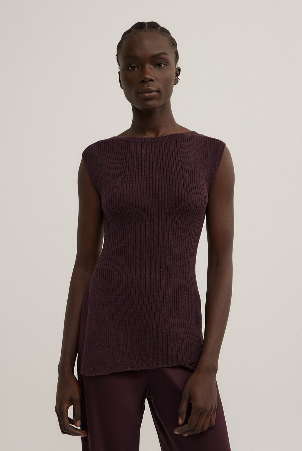 Plum Asymmetric Hem Knit Tank - Women's Short Sleeve Tops | Witchery