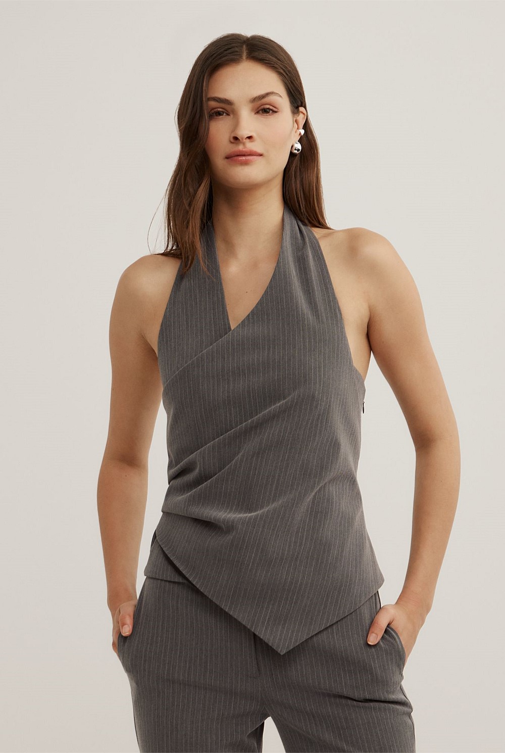 Grey Pinstripe Pinstripe Halter Top - Women's Sleeveless Tops