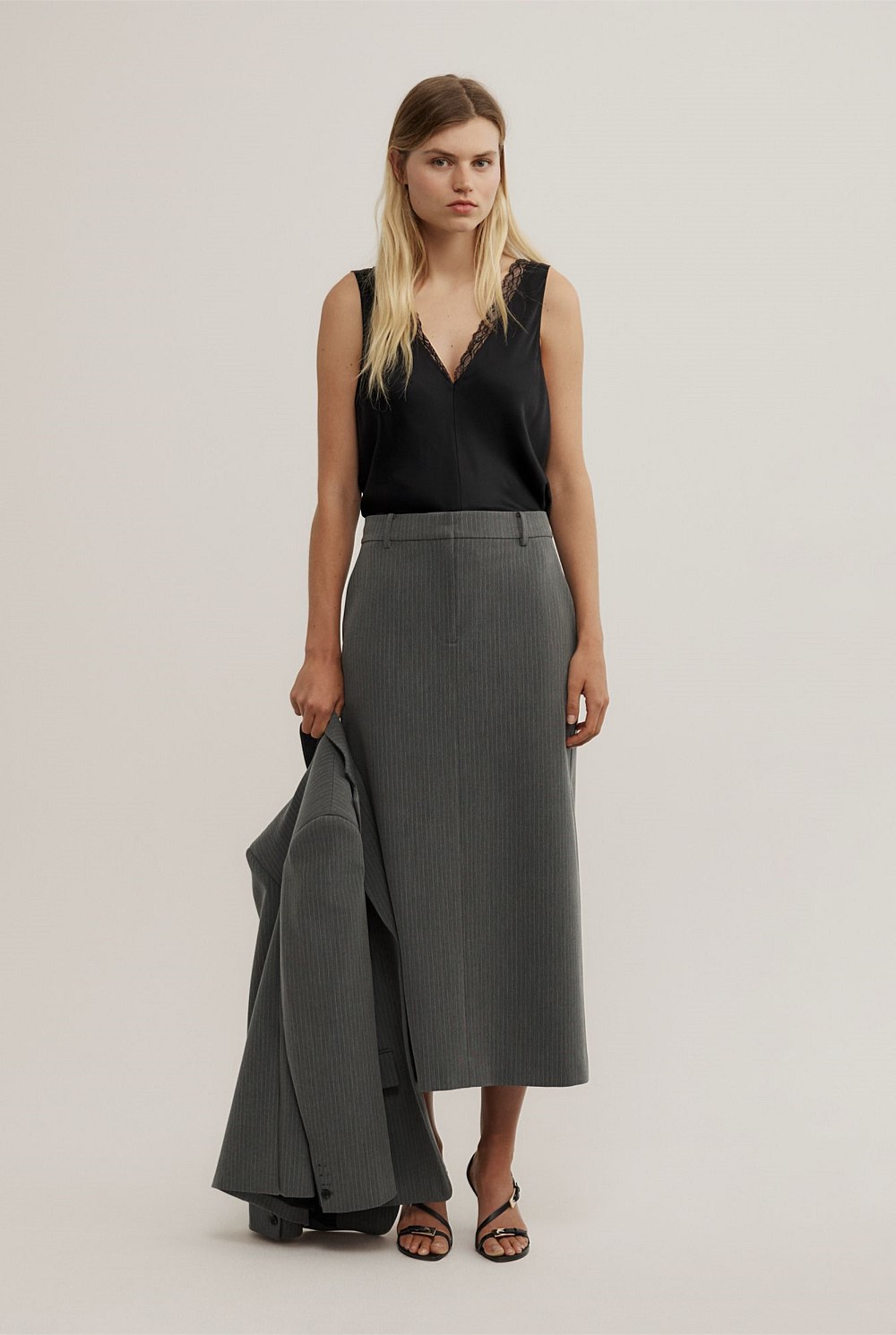 Grey Pinstripe Pinstripe Midi Skirt - Women's Midi Skirts | Witchery Grey Pinstripe Pinstripe Midi Skirt - Women's Midi Skirts | Witchery