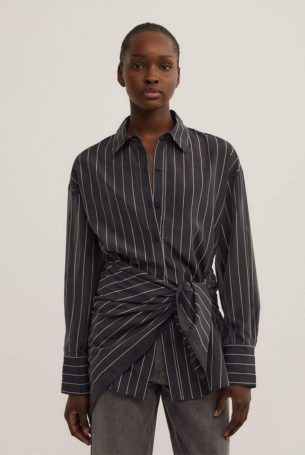 Black Stripe Scarf Tie Shirt - Women's Workwear Tops | Witchery