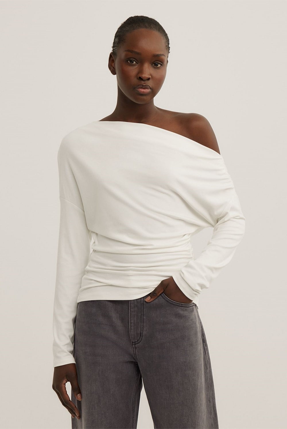 Fresh White Asymmetric Draped Long Sleeve Top - Women's Evening