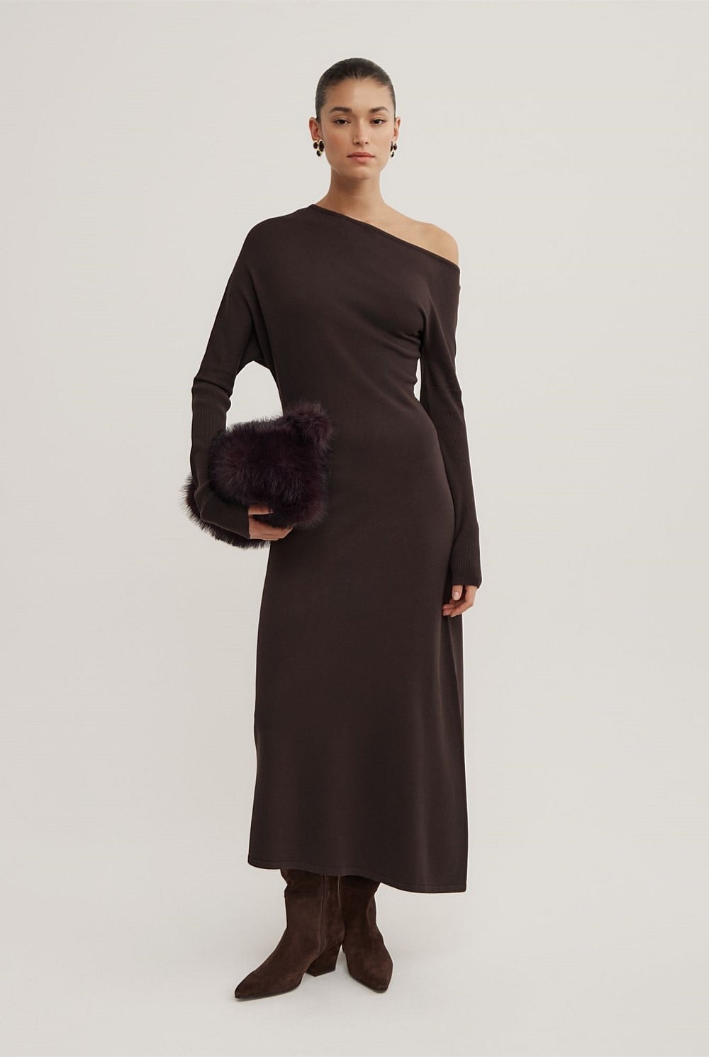 Espresso Off Shoulder Knit Dress - Women's A Line Dresses | Witchery