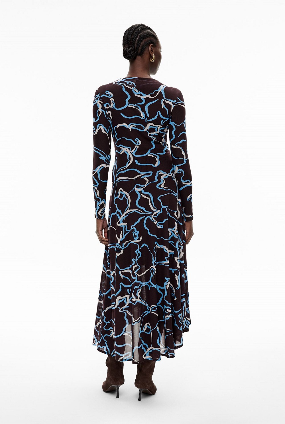 Espresso Print Asymmetric Hem Mesh Dress - Women's Long Sleeve Dresses |  Witchery
