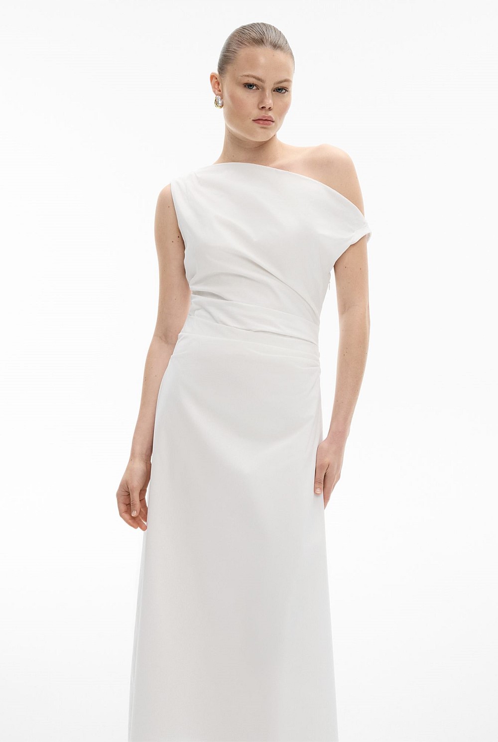 asymmetric ruffle midi dress Black & White Crepe Midi Dress With Asymmetric Ruffle Detail main image 1