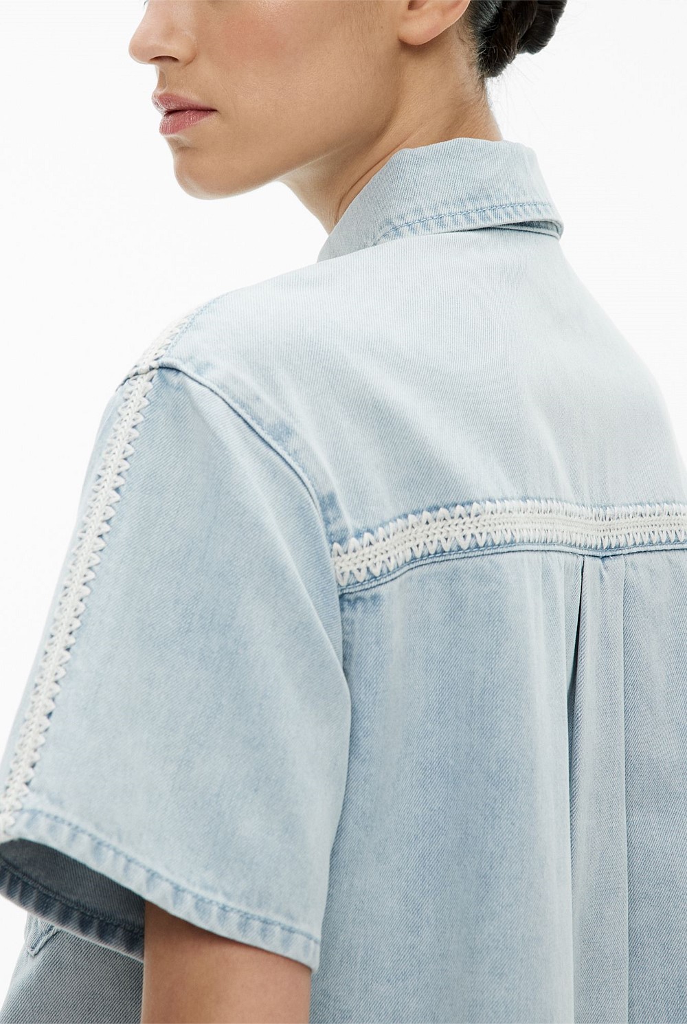 Light Vintage Wash Stitch Detail Denim Shirt - Women's Denim