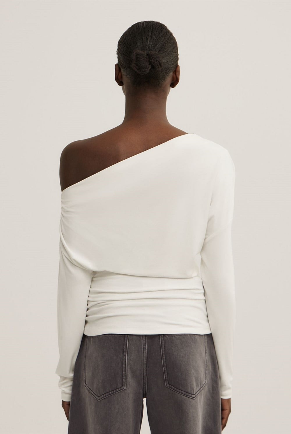 Fresh White Asymmetric Draped Long Sleeve Top - Women's Evening